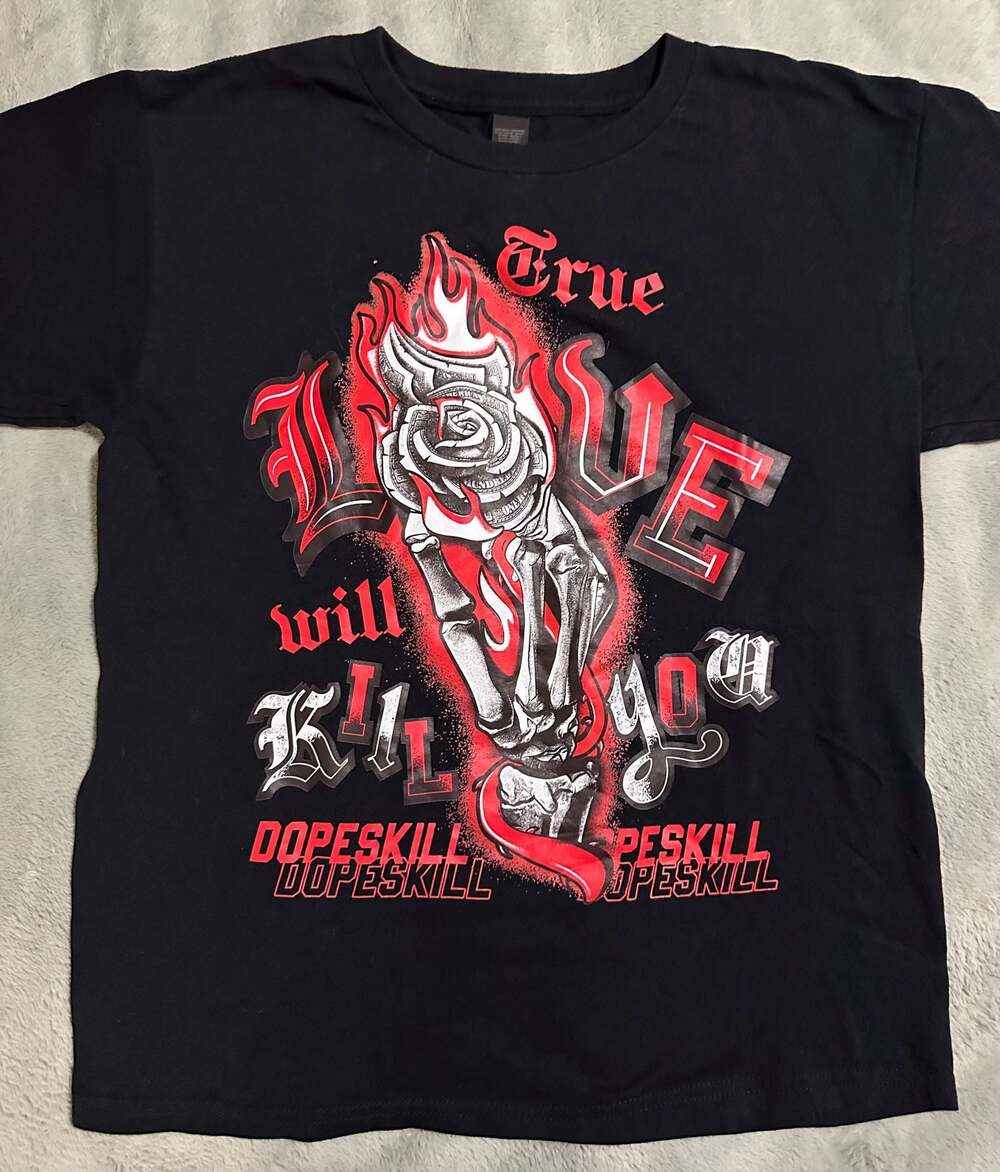 Dopeskill 'True Love Will Kill You' Graphic Black T-Shirt, Size Large (Youth)